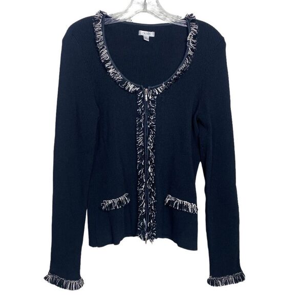 Cache L black vintage cardigan sweater W / black White fringe trims zips - Picture 1 of 6